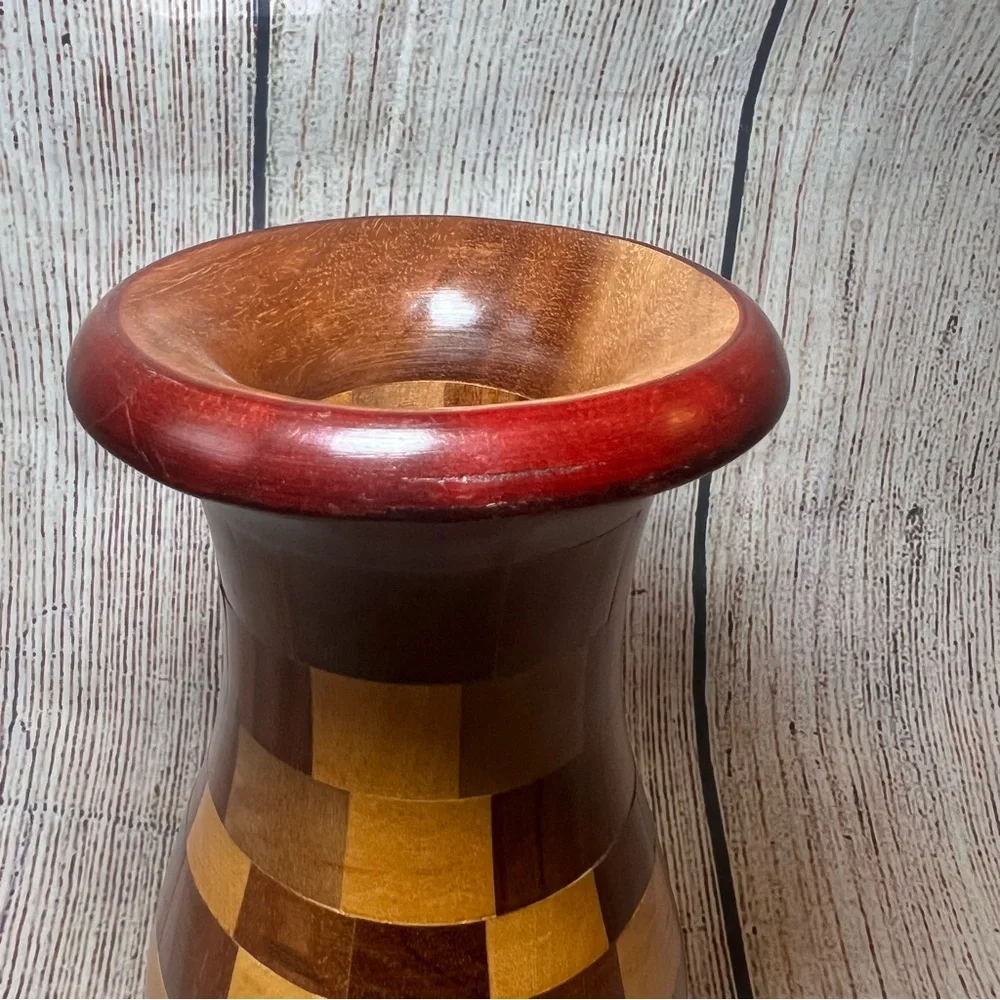 VTG Handcrafted Natural Wood Tones‎ Checkered Vase 9” Segmented Turned Wood Boho